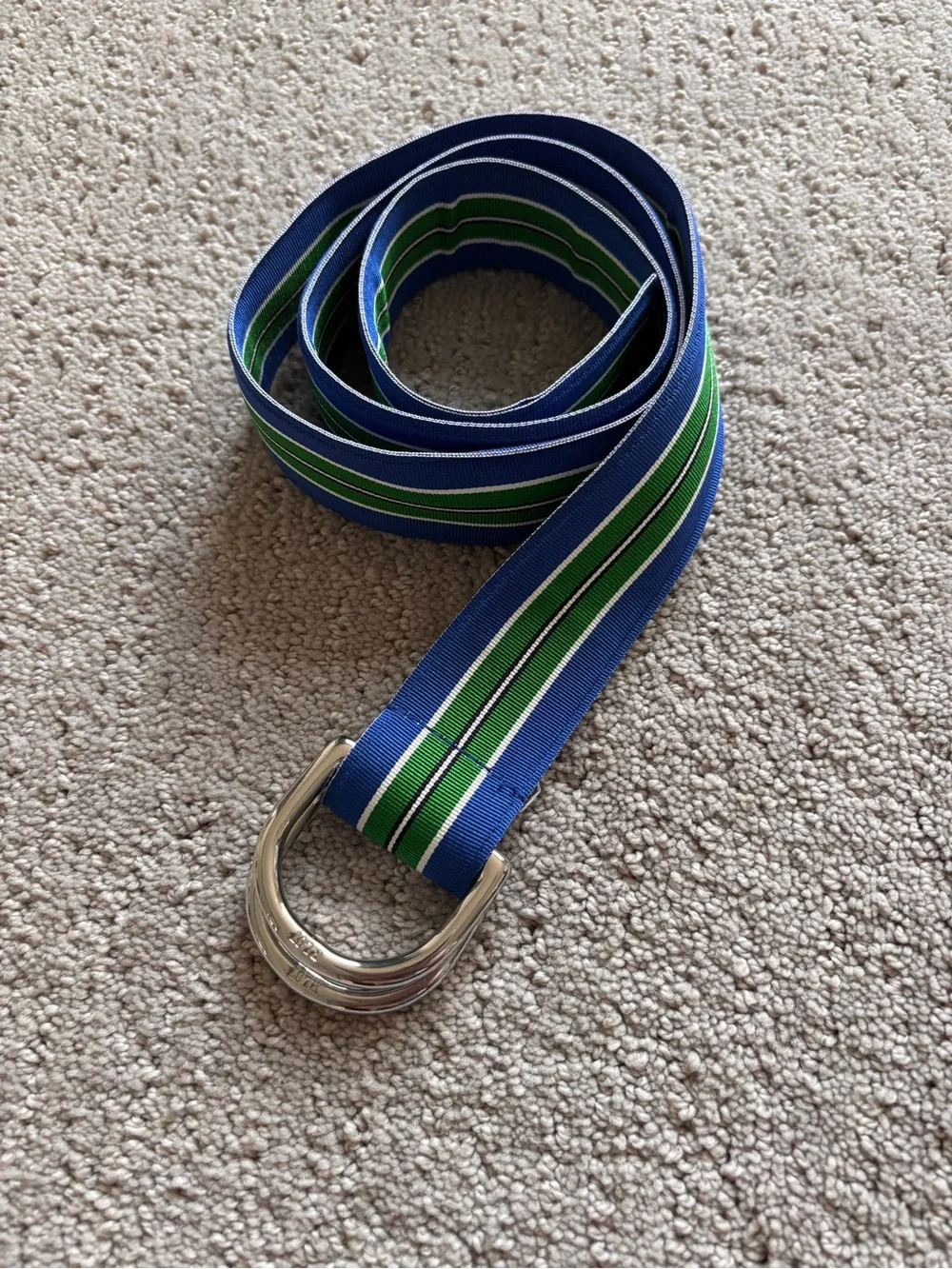 Striped Blue & Green Men's Web Belt with Dual D-Ring Buckle 38.5”
